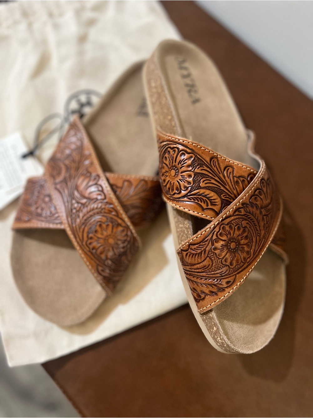 Hand-Tooled Brown Leather Cross-Strap Sandals by Myra Bag
